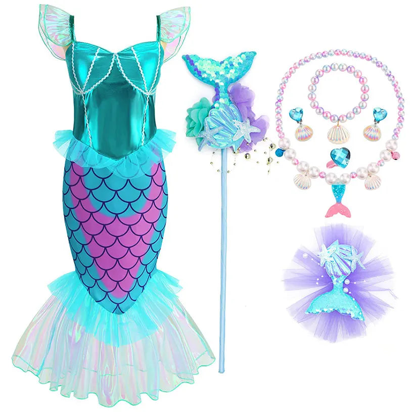 Blue Red Purple Three Colors Mermaid Flying Sleeve Fishtail Beautiful Dress For Girl Summer Beach Party Cool Swimsuit Set