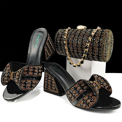 Italian Fashion Banquet Shoes and Bags African Women's Hand Bags with Rhinestone Decoration and Women's High Heels