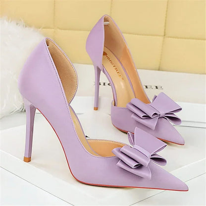 2024 Women 10.5cm High Heels Sweet Korean Side Hollow Pumps Lady Party Purple Green Kawaii Bowknot Heels Prom Silk Satin Shoes