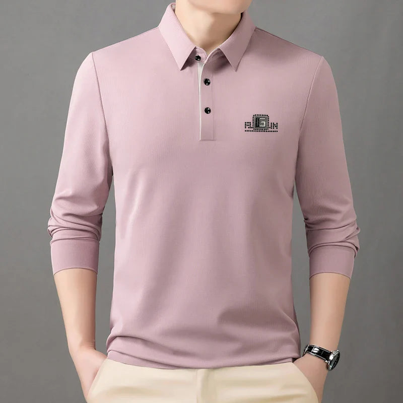 High End Brand Quality Men's Polo Shirt Autumn Exquisite Solid Color Letter Print Lapel Long Sleeve Business Classic Menswear