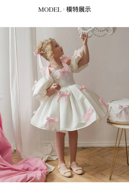 2-8Y Kids Girls Skirt Little Girls Puff-Sleeve Princess Dress Birthday Party Piano Host Performance Dress Belle Ball Gown
