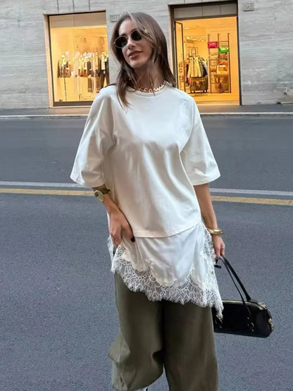 Women Vintage Solid Lace Patchwork T-Shirts Asymmetrical Hem O Neck Short Sleeve Shirt 2026 Trend High Street Lady Chic TEES