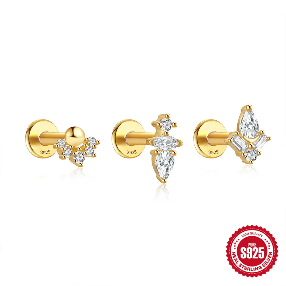 1PC Four Pointed Star Moon Tassel Lotus Cartilage Spiral Puncture 925 Sterling Silver Stud Earring For Women Ins Earring