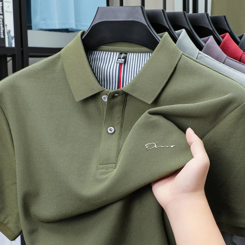 Brand 100%pure cotton short sleeve polo shirt men's new fashion letter embossed business casual solid color summer lapel T-shirt