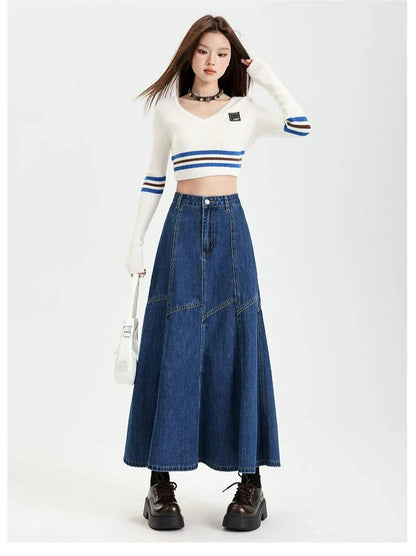 Women Blue A-line Denim Skirt Vintage Aesthetic Y2k Patchwork New Jean Skirt Harajuku Korean Cowboy Skirts 2000s Clothes Summer
