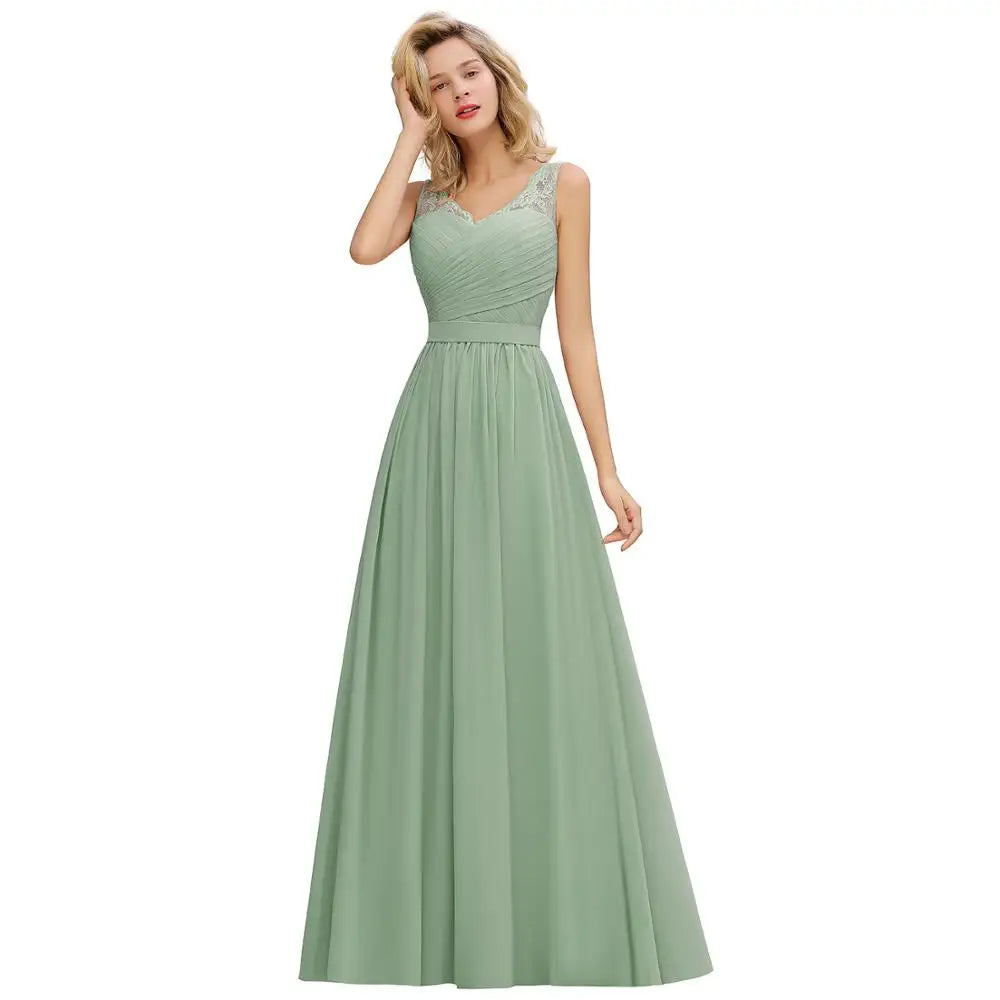 Elegant Bridesmaid Dress Pleated Bodice See-through Lace Cap Sleeves Maxi Flowy A-Line Skirt Wedding Party Gown Women