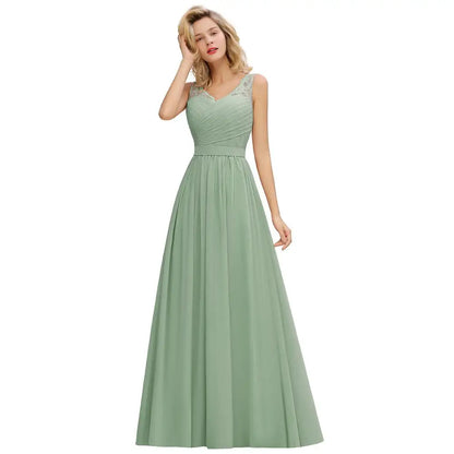 Elegant Bridesmaid Dress Pleated Bodice See-through Lace Cap Sleeves Maxi Flowy A-Line Skirt Wedding Party Gown Women
