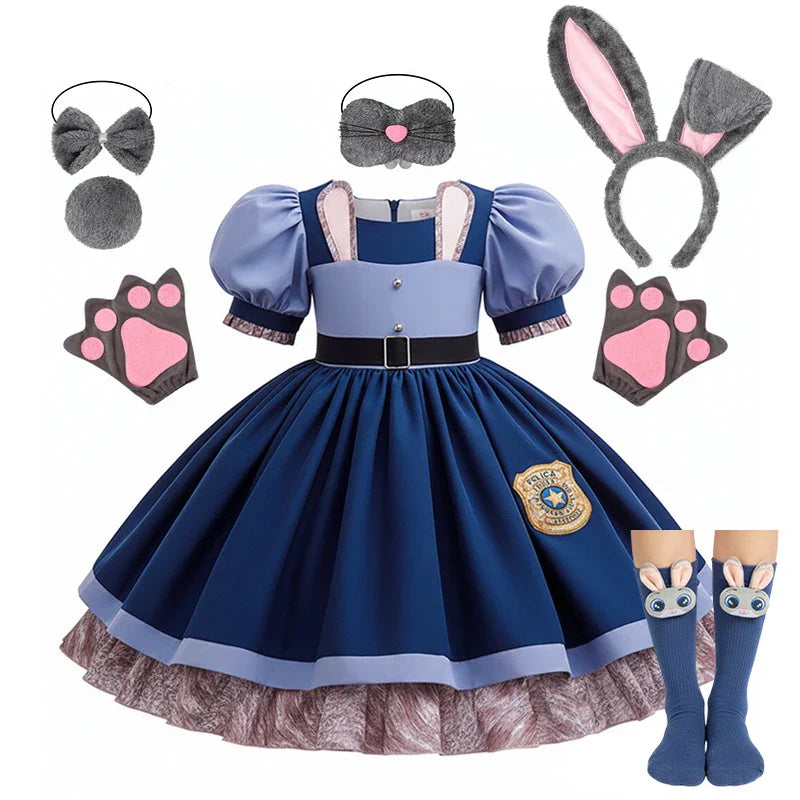 Girls Judy Hopps Police Officer Dress Zootopia Bunny Costume Kids Dress Up Halloween Rabbit Dress Outfits