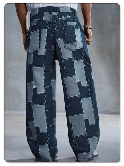 Spring Summer Comfortable Baggy Wide Leg Jacquard Jeans Casual Fashion Pixel Pattern Street Denim Pants Korean Unisex Pants
