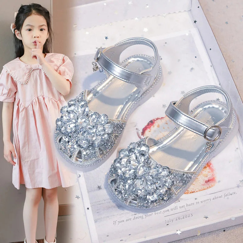 Girls Crystal Slip-On Shoes Soft Bottom Rhinestone Princess Flats Spring Autumn New Style Kids Lightweight Sweet Leather Shoes