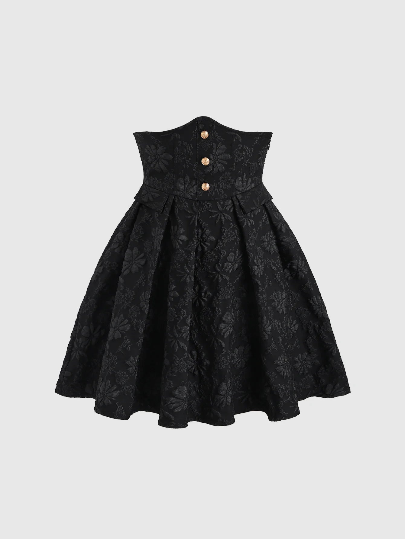 Black floral jacquard strapless dress with button embellishments and puff style skirt