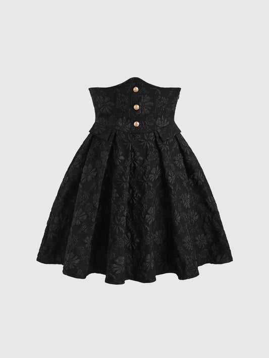 Black floral jacquard strapless dress with button embellishments and puff style skirt