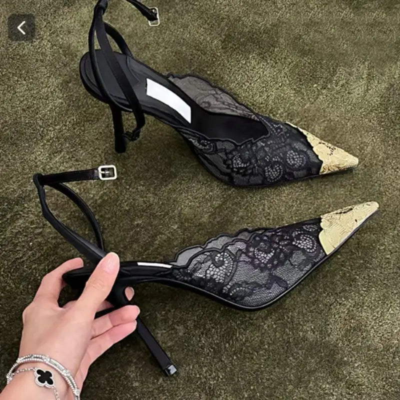 Fashion Lace Sequin Hollow Out Mesh Women Pumps Sexy Pointed Toe Designer Low Heels Slingback Sandals Ladies Shoes