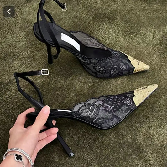 Fashion Lace Sequin Hollow Out Mesh Women Pumps Sexy Pointed Toe Designer Low Heels Slingback Sandals Ladies Shoes
