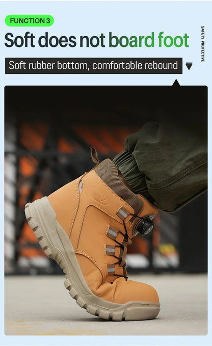 Leather Non Slip Work Boots for Men Rotating Button Safety Shoes Steel Toe Sneaker Male Puncture Proof Protective Boots