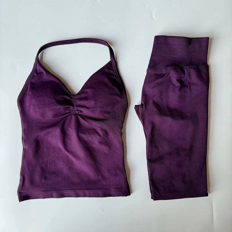 2 Pieces Set Leggings Set Women Backless Tank Tops High Waist Scrunch Gym Suit Fitness Clothes Outfit Workout Yoga Set