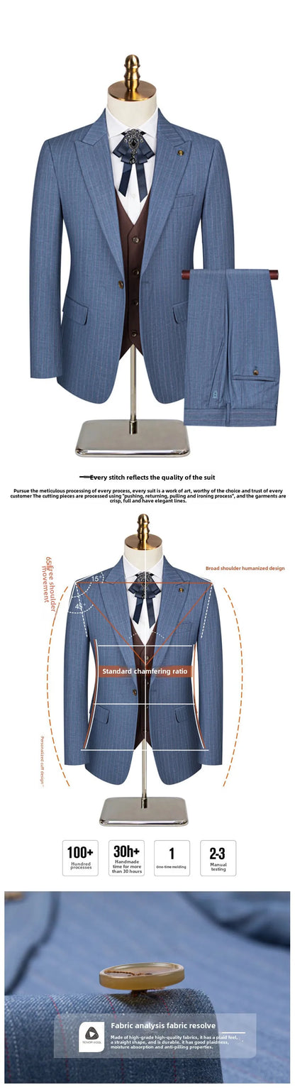Men's Classic Formal Pinstripe Tuxedos Suits 3 Pieces Slim Fit Blazer Peak Lapel Two Button Groomsmen Wedding Dress Business