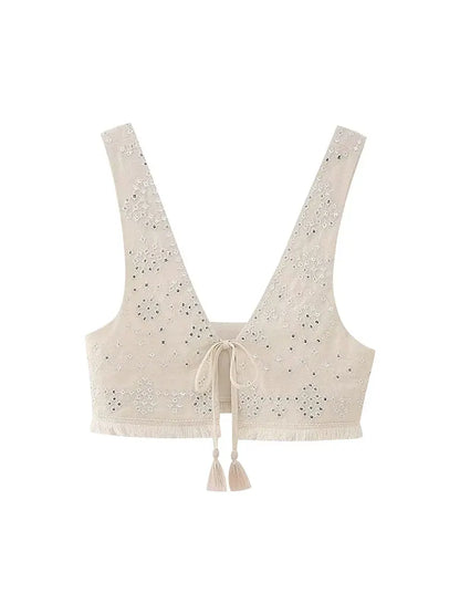 Y2K Embroidery Women Waistcoats Summer Lightweight V Neck Sleeveless Tassels Hem Slim Vest Female Crop Top