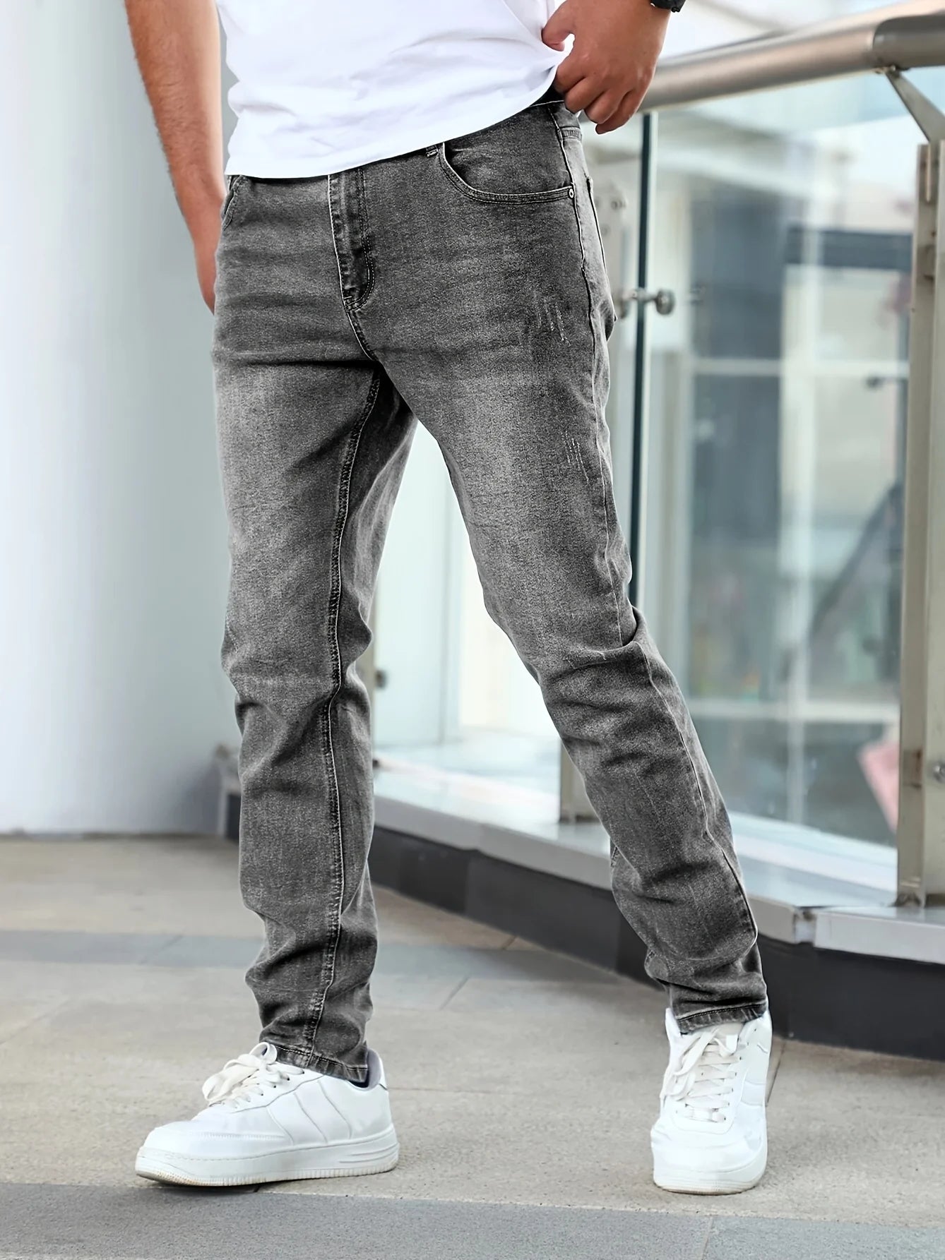 1pc Men'S Casual Slim Fit Stretch Jeans, Chic Street Style Distressed Denim Pants