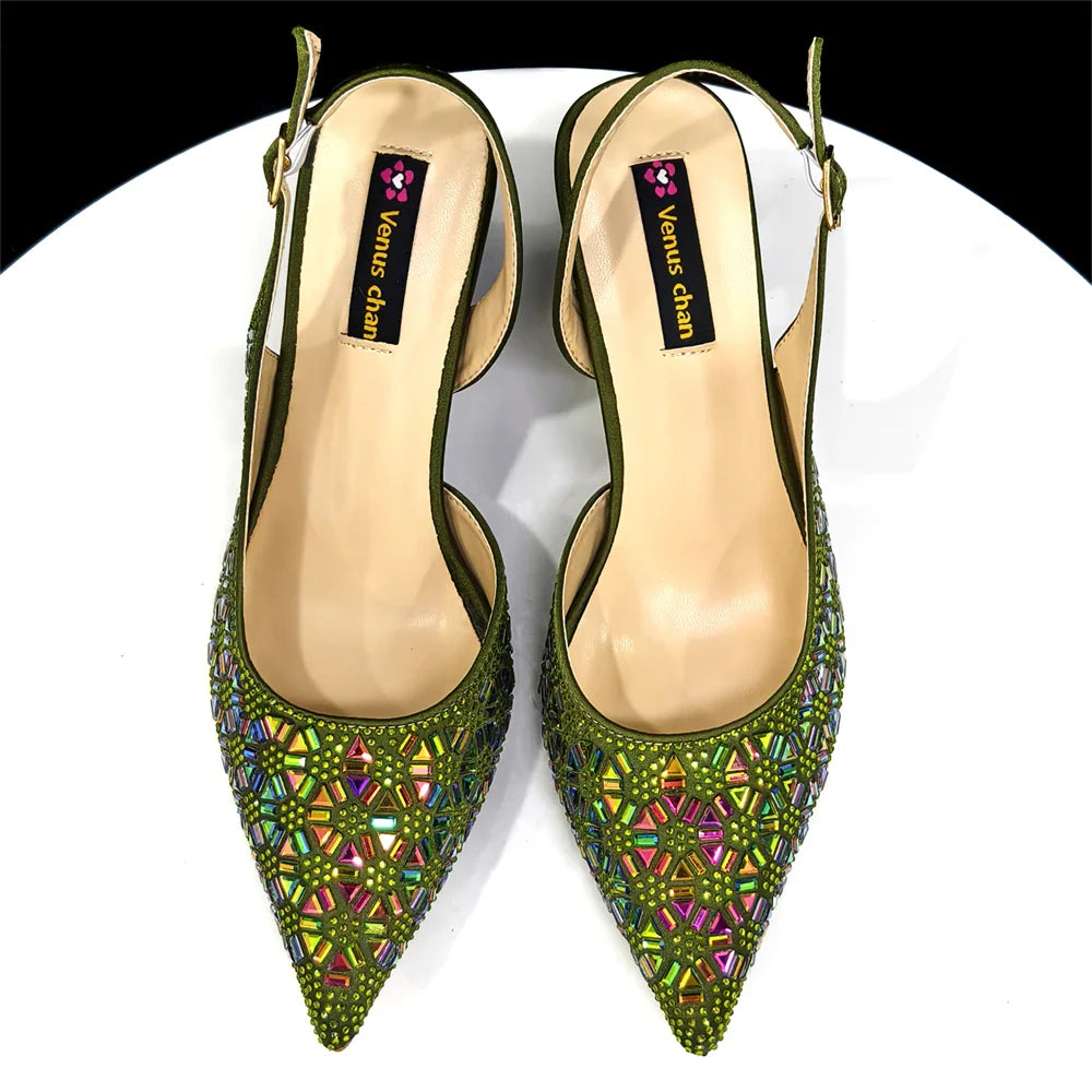 Elegant Green Pointed-Toe High Heels & Matching Bag Set with Diamond Design for Women's Party Wear - Italian Trend