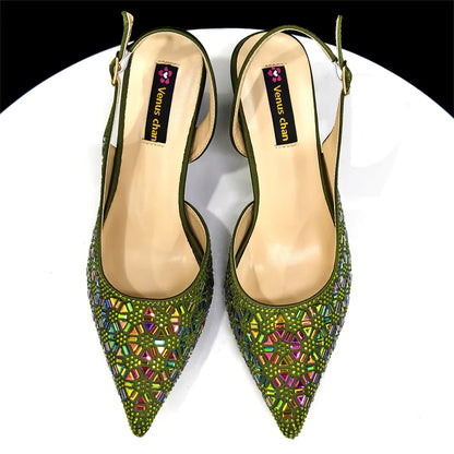 Elegant Black and Gold Pointed-Toe Italian Women's High-Heeled Shoe and Bag Set with Full Diamond Accents