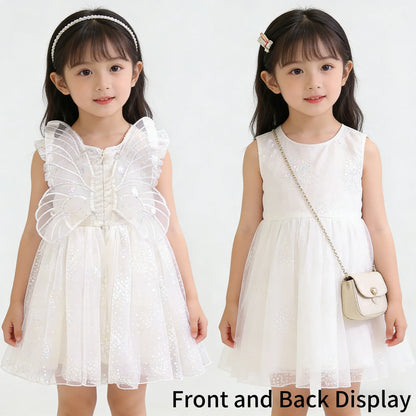Girls Summer White Princess Dress Kids Tulle Tutu Skirt With Wings Cute Baby Girls Fluffy Party Dress For Birthday Holiday