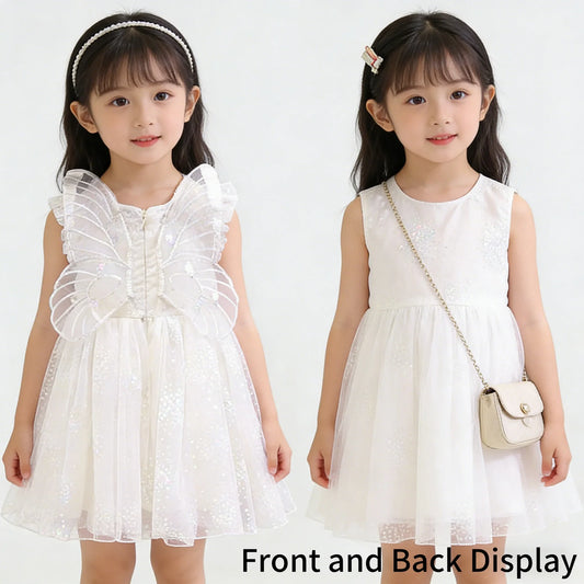 Girls Summer White Princess Dress Kids Tulle Tutu Skirt With Wings Cute Baby Girls Fluffy Party Dress For Birthday Holiday