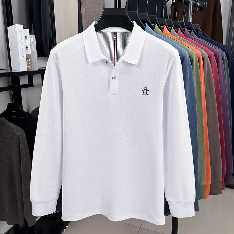 100% High-quality Cotton Latest Men's Polo Long Sleeve Autumn Spring Warm Fashionable Business Casual Cozy Delicate Embossed Top