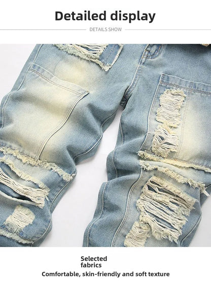 Autumn Men's New Light Blue Slim Fit Jeans Men's Ripped Loose Jeans Elastic Hole Versatile High Street Denim Pants Retro Washed