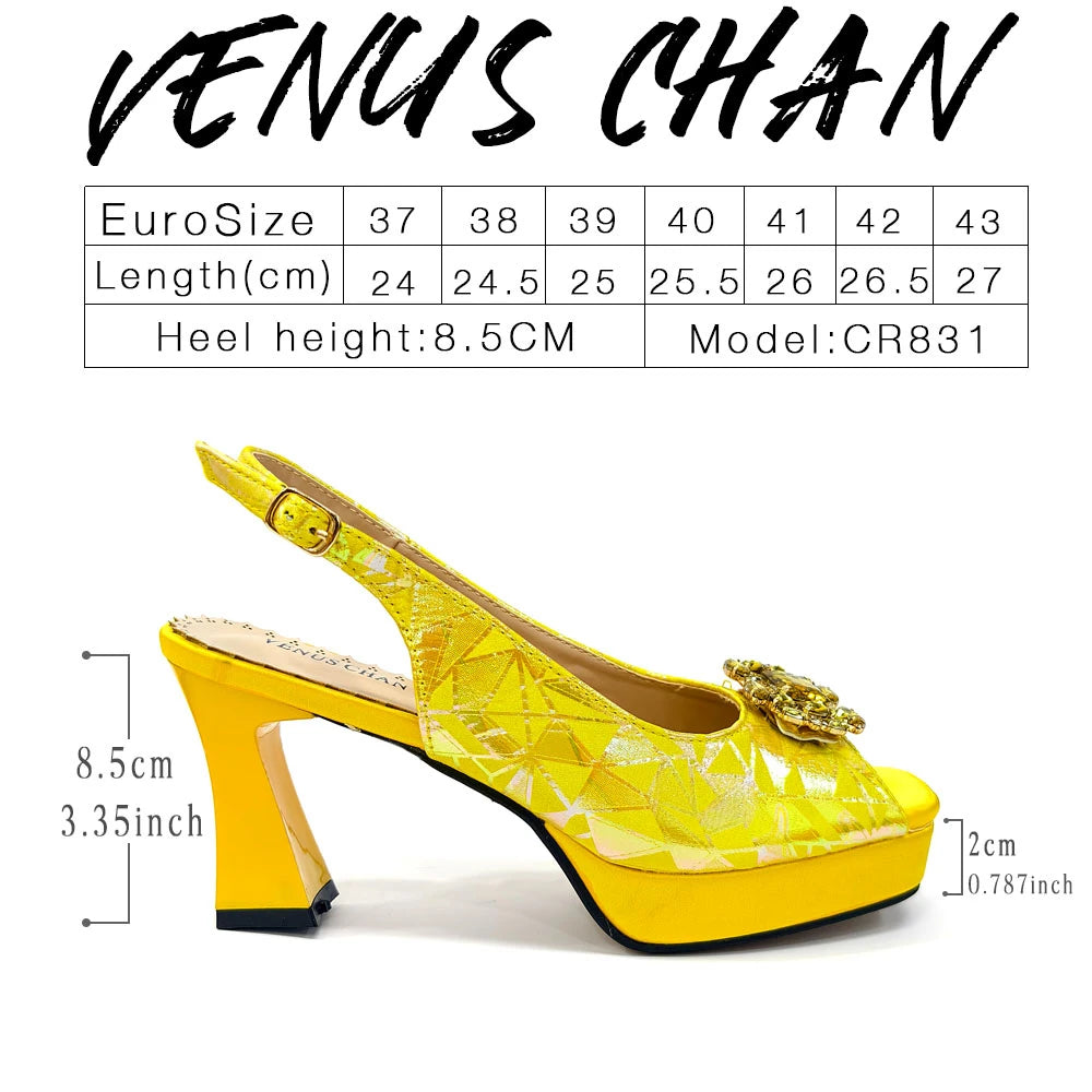Elegant Women Heels for Peep Toe Good Material Design Rhinestone Fuchsia Sandals Italian Shoes and Bags Matching Set 2025