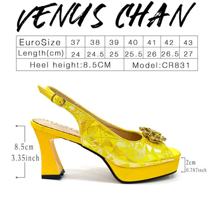 Elegant Women Heels for Peep Toe Good Material Design Rhinestone Fuchsia Sandals Italian Shoes and Bags Matching Set 2025