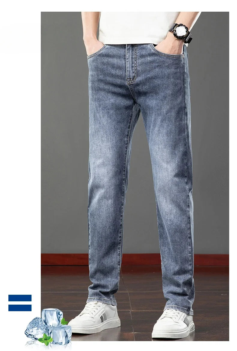2026 Summer Men's Jeans Slim Fit Jeans Thin Stretch Straight Light Business Casual Denim Long Pants Male Classic Style Brand