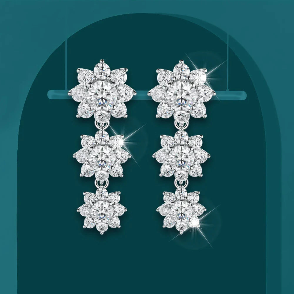Full Moissanite Drop Earrings for Women Bridal Sun Flower Lab Diamond Stud Earring 925 Sterling Silver Plated Gold Fine Jewelry