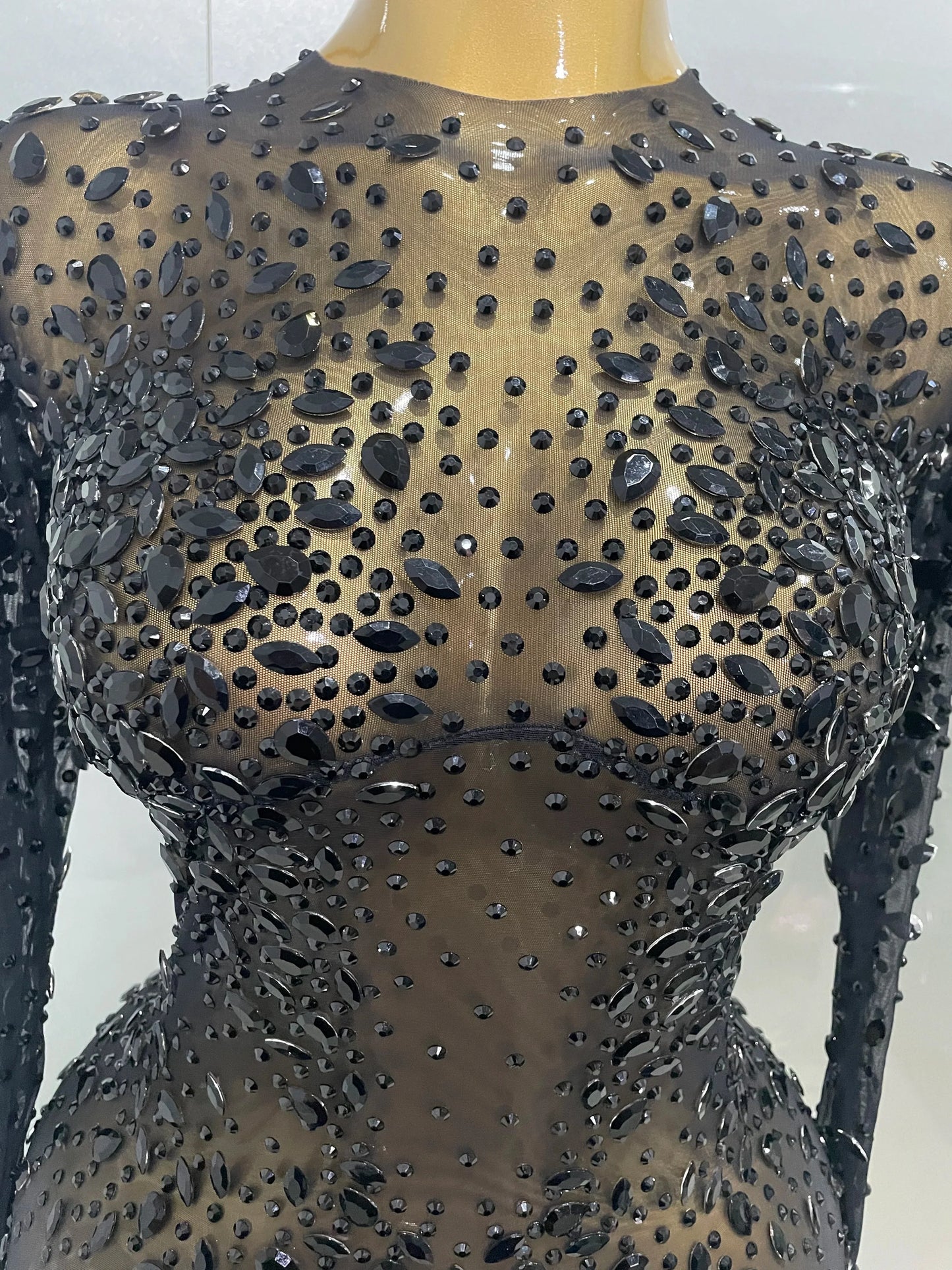 Shinny Rhinestone Stretch Mesh Transparent Long Dress 2025New Women Evening Birthday Party Prom Nightclub Singer Stage Wear