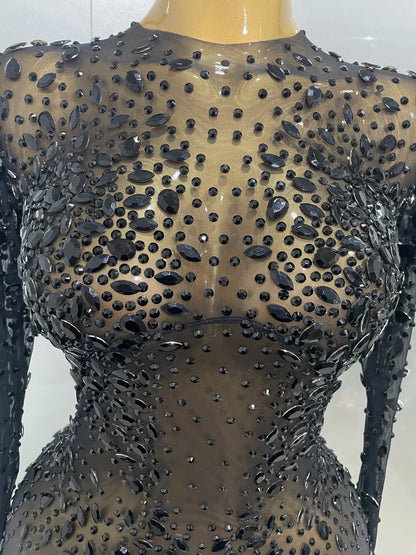 Shinny Rhinestone Stretch Mesh Transparent Long Dress 2025New Women Evening Birthday Party Prom Nightclub Singer Stage Wear
