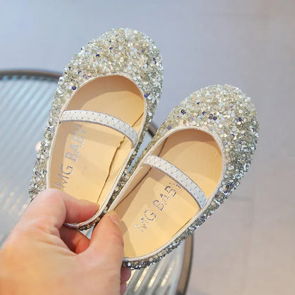 Children's 2025 new single shoe girls' fashion show sequined crystal shoes baby Baotou fashionable soft soled princess shoes