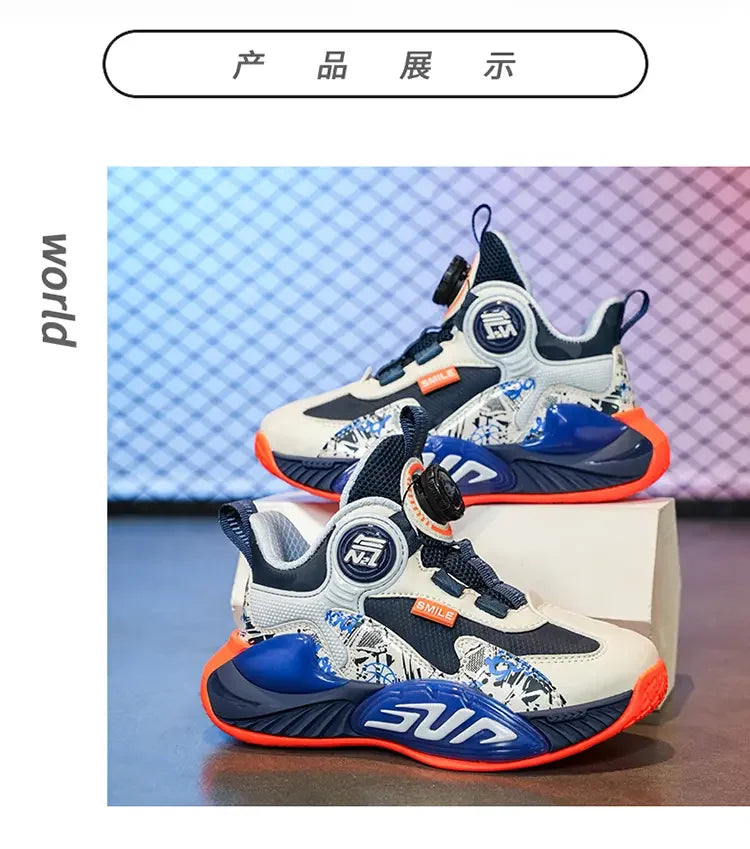 Leather Upper Children Basketball Shoes Rotatory Button Shock Absorbing Boys Shoes