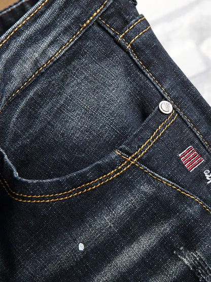 Men's Slim Fit Jeans Elastic Casual High Street Style Ripped Patchwork Pants Fashionable Tight Menswear Spring New Arrival