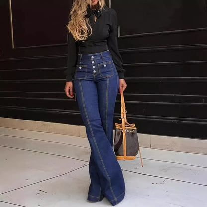 Slim Fit American Retro Patchwork Denim Jeans Women's Spring Summer New Style Elastic Flared Pants Casual Female Wear