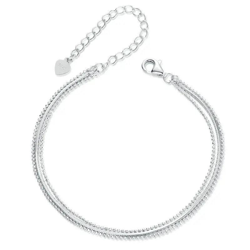 Dainty 925 Sterling Silver Bracelets for Women, White Gold Plated Triple-Layered Adjustable Chain Bracelet Jewelry Gift