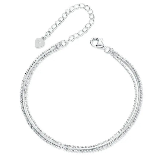 Dainty 925 Sterling Silver Bracelets for Women, White Gold Plated Triple-Layered Adjustable Chain Bracelet Jewelry Gift