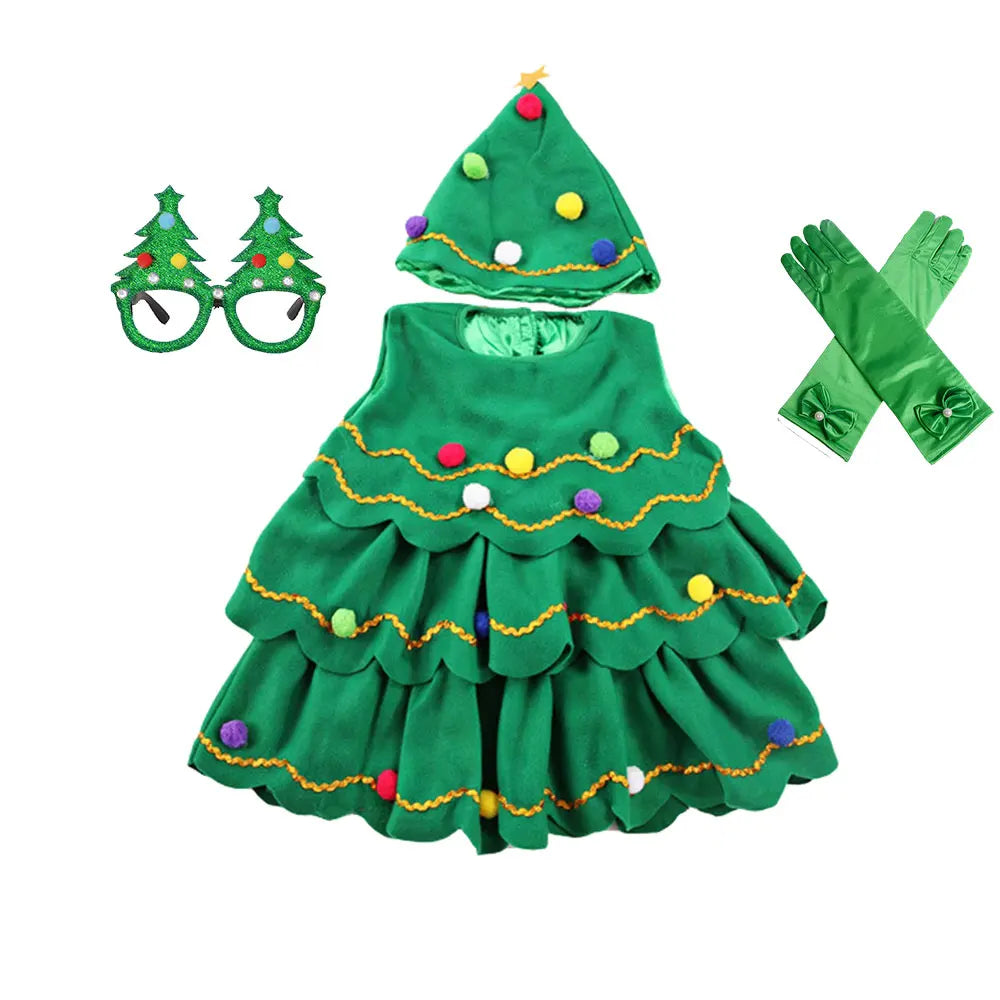 2024-2025 Girl Chritmas Tree Cosplay Costume 2 Pieces Set Dress+Hat Adorable Xmas Party Clothing Toddler St.Nicholas Day Apparel