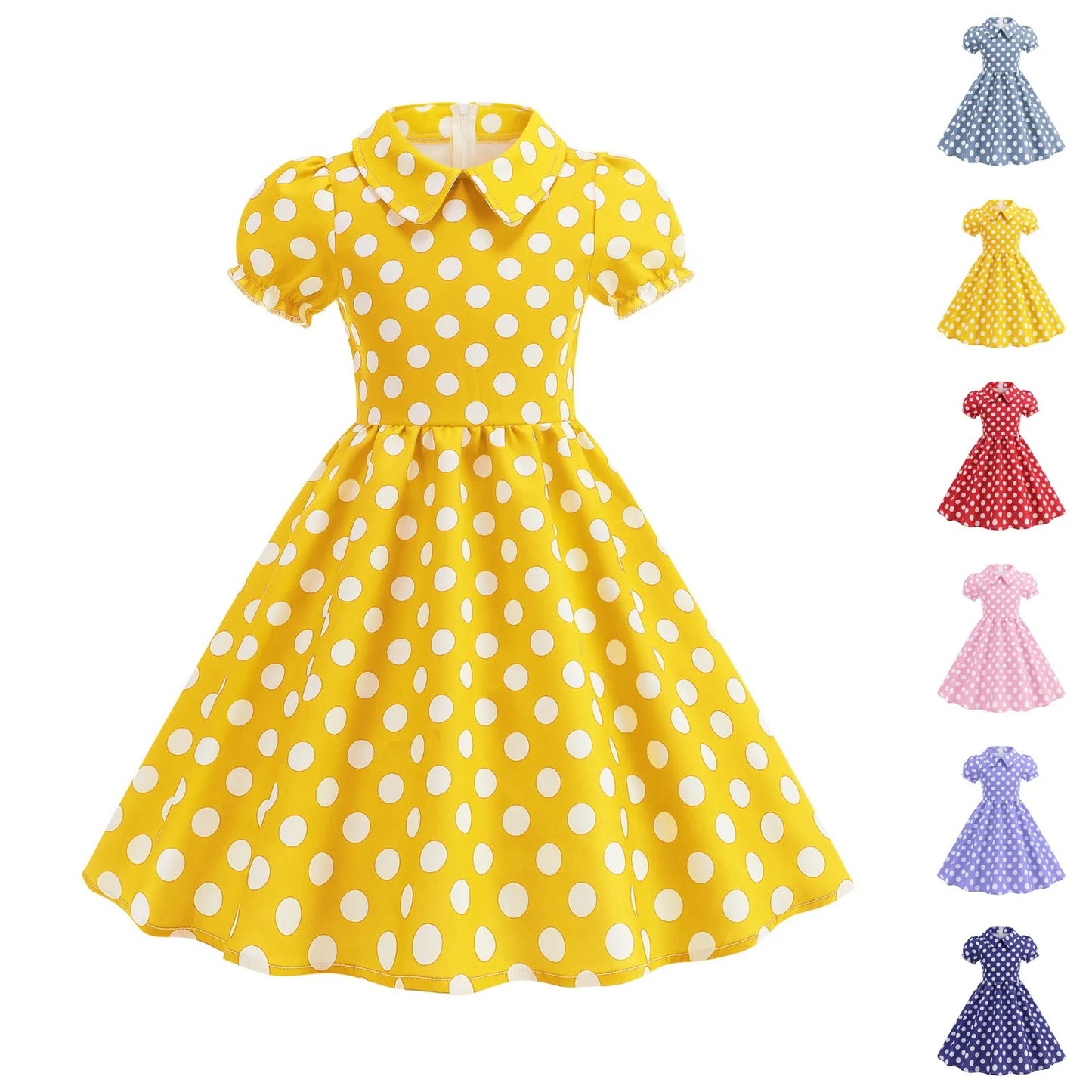 New Fashion Kids Dress For Girls Polka Dot Short-sleeved Children Dress With Baby Collar Daily Girls Casual Costume