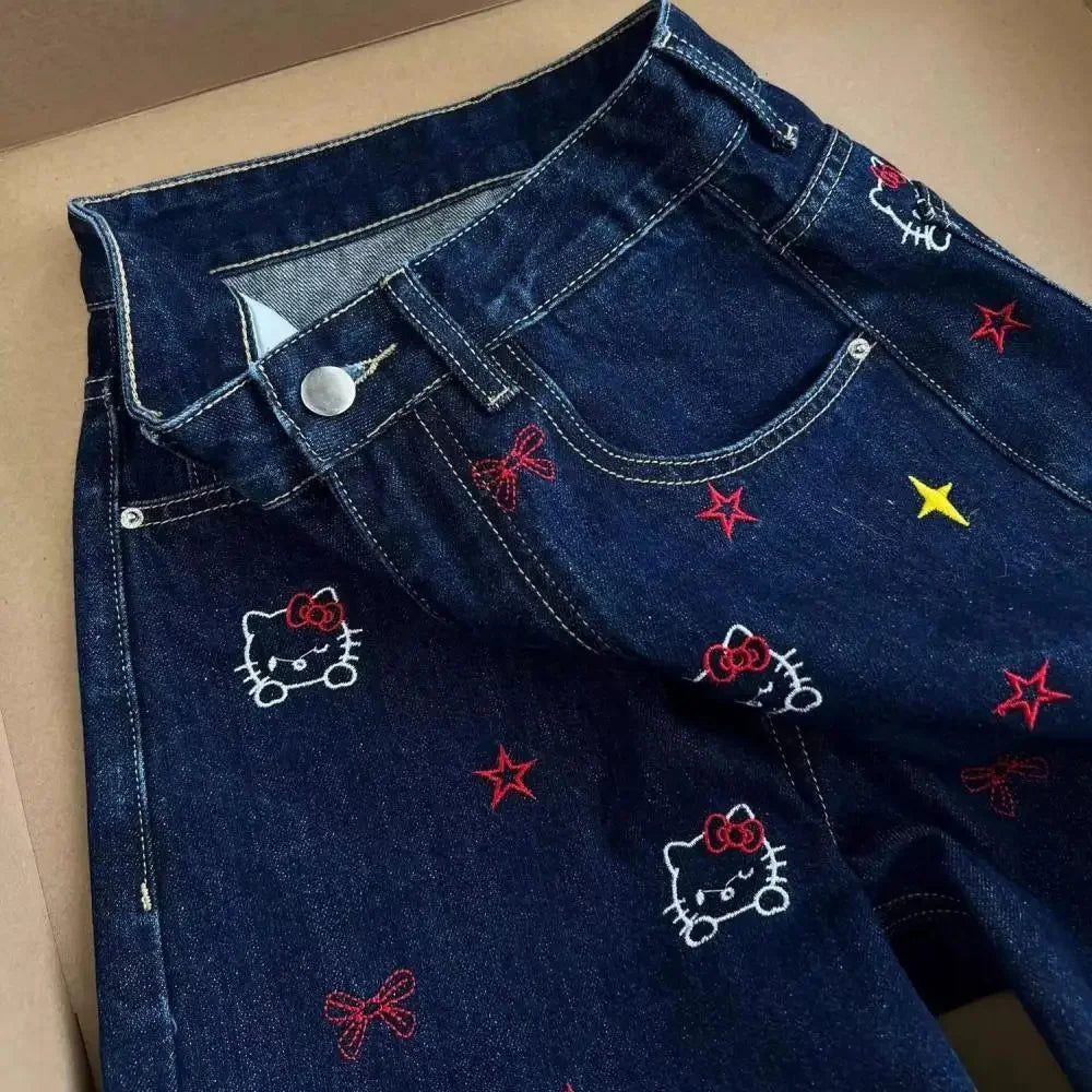 American Style Y2K Hello Kitty Denim Pants Sanrios Anime Girls Jeans Kawaii New Women Summer Cat Embroidered Slim Straight Pants