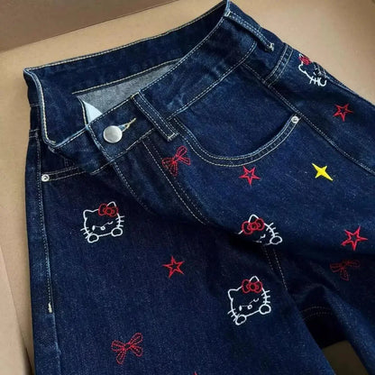 American Style Y2K Hello Kitty Denim Pants Sanrios Anime Girls Jeans Kawaii New Women Summer Cat Embroidered Slim Straight Pants