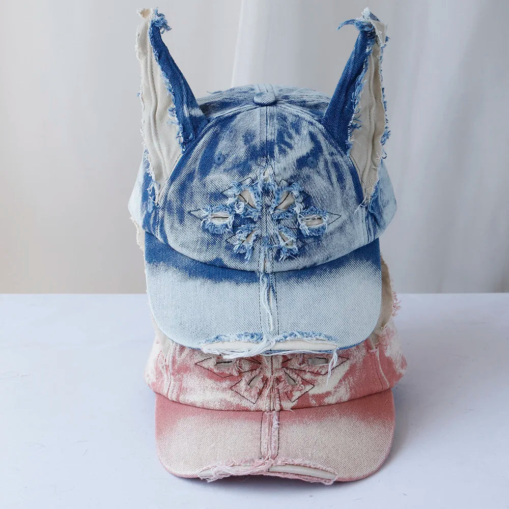 NEW Designer y2k wasteland style personalized cowboy perforated baseball cap women's three-dimensional ears street duckbill cap