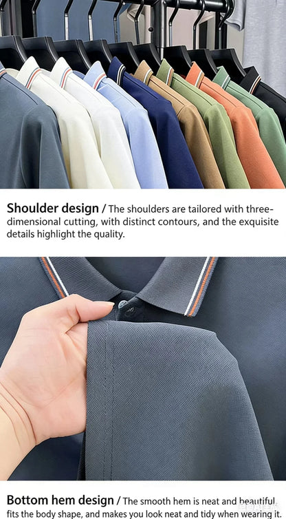 Men's Summer Solid Color Cool Breathable Luxury Polo Shirt Business Casual Collar T-shirt Short Sleeve Top