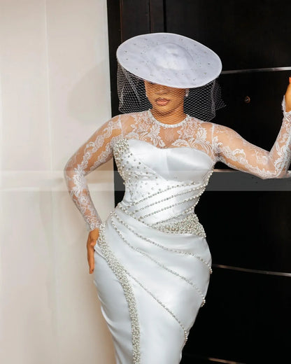 Customized Civil Wedding Dresses for Bride O Neck long Sleeve Tea Length Pearls Beads Aso Ebi Birdal Robes de mariee