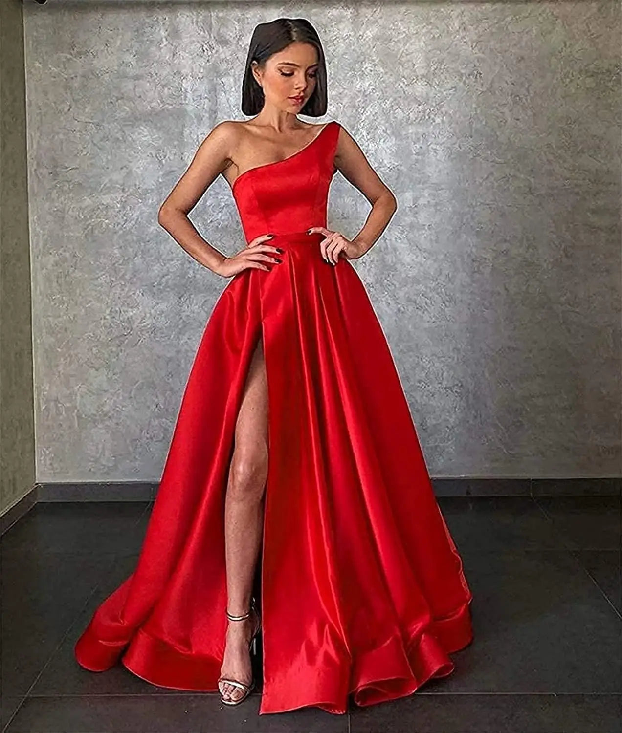 Women's One Shoulder Prom Dresses with Pocket High Slit Pleated Satin Corset Formal Gowns Evening Dress A Line Bridesmaid Gown