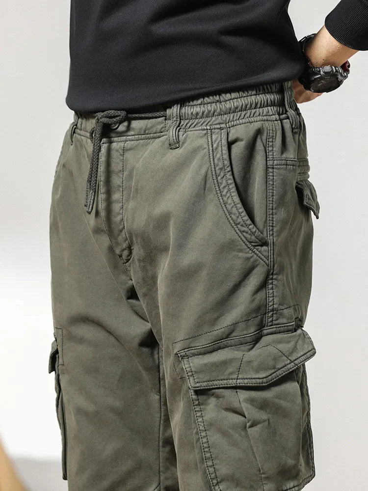 2023 New Multi-Pockets Winter Cargo Pants Men Fleece Liner Thick Warm Slim Fit Joggers Streetwear Casual Cotton Thermal Trousers